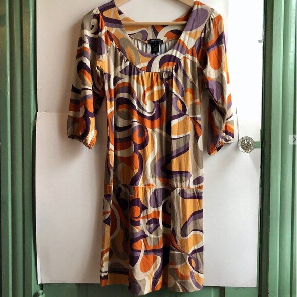 NEW BCBGMAXAZRIA Drop Waist Dress Mustard Orange Printed Swirl 60s 70s Mod Retro - Picture 2 of 9